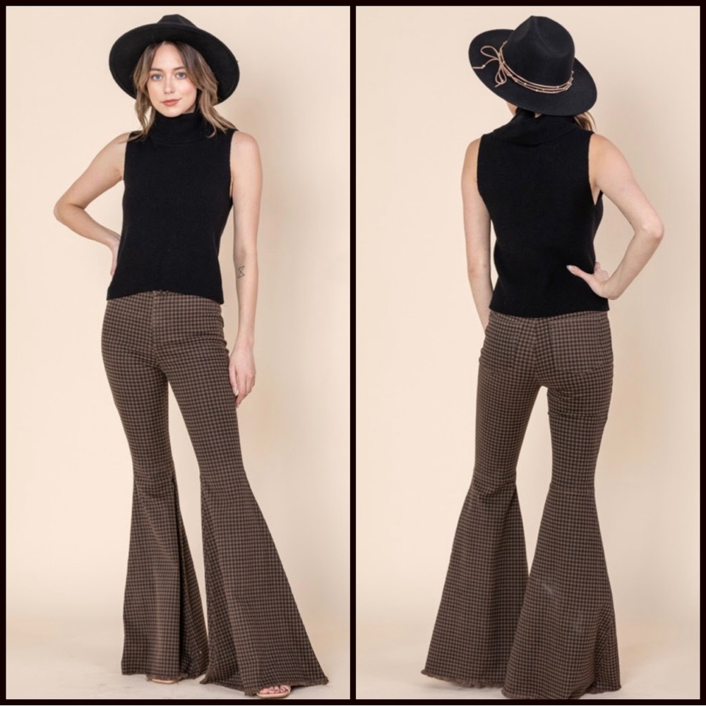 Black & Brown Buffalo Plaid Super Flare Bell Bottoms- sku 9142-   35” Inseam
